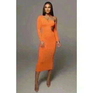 NWT J Lux Label Orange Midi Dress Women’s Size Small Cut Out Long Sleeve